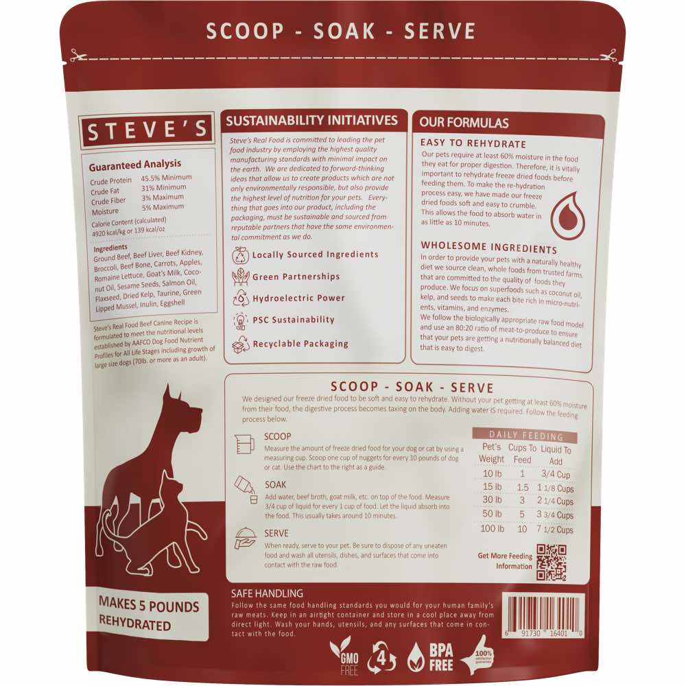 'BUNDLE DEAL+FREE FD TREATS': Steve's Real Food Beef Grain-Free Freeze-Dried Raw Food For Cats & Dogs 20oz