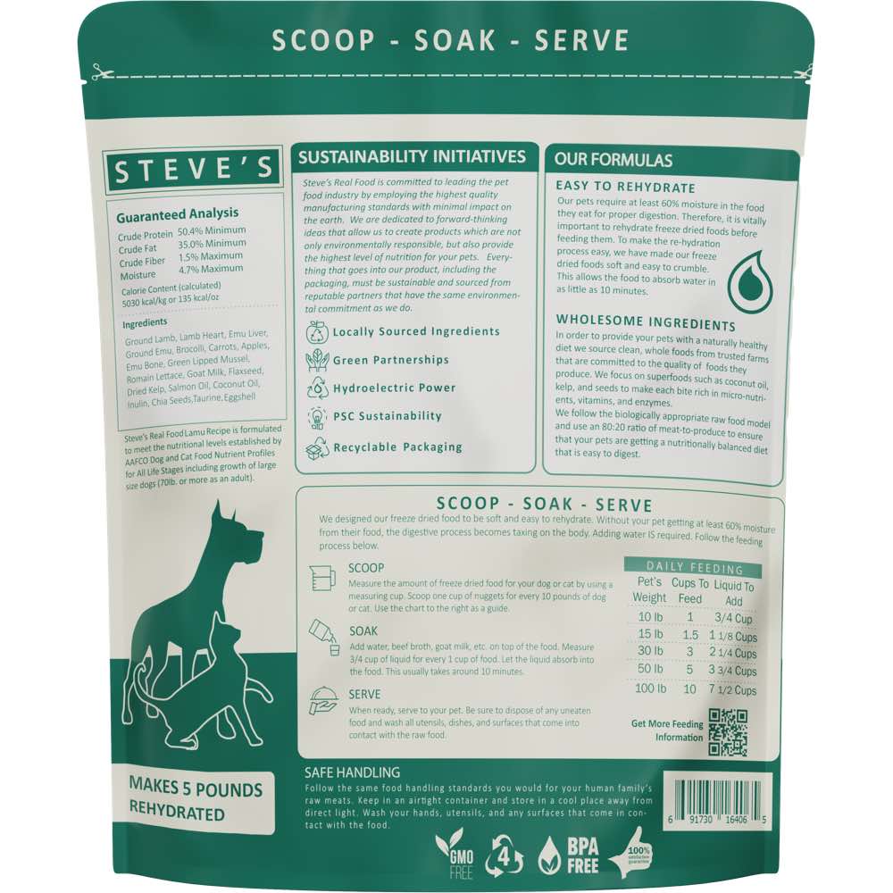 'BUNDLE DEAL+FREE FD TREATS': Steve's Real Food Lamu Grain-Free Freeze-Dried Raw Food For Cats & Dogs 20oz