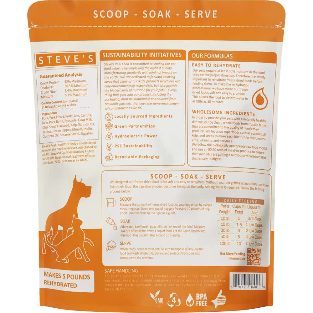 'BUNDLE DEAL+FREE FD TREATS': Steve's Real Food Pork Grain-Free Freeze-Dried Raw Food For Cats & Dogs 20oz