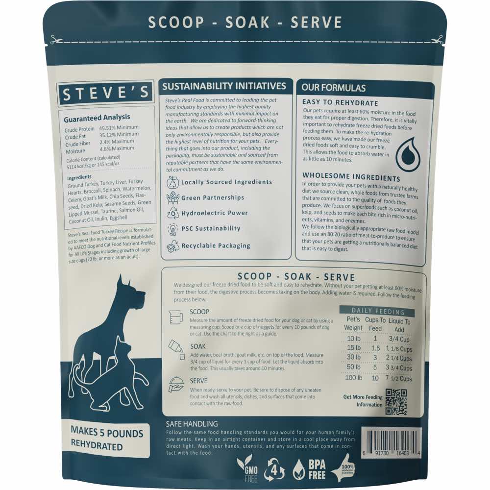 'BUNDLE DEAL+FREE FD TREATS': Steve's Real Food Turkey Grain-Free Freeze-Dried Raw Food For Cats & Dogs 20oz