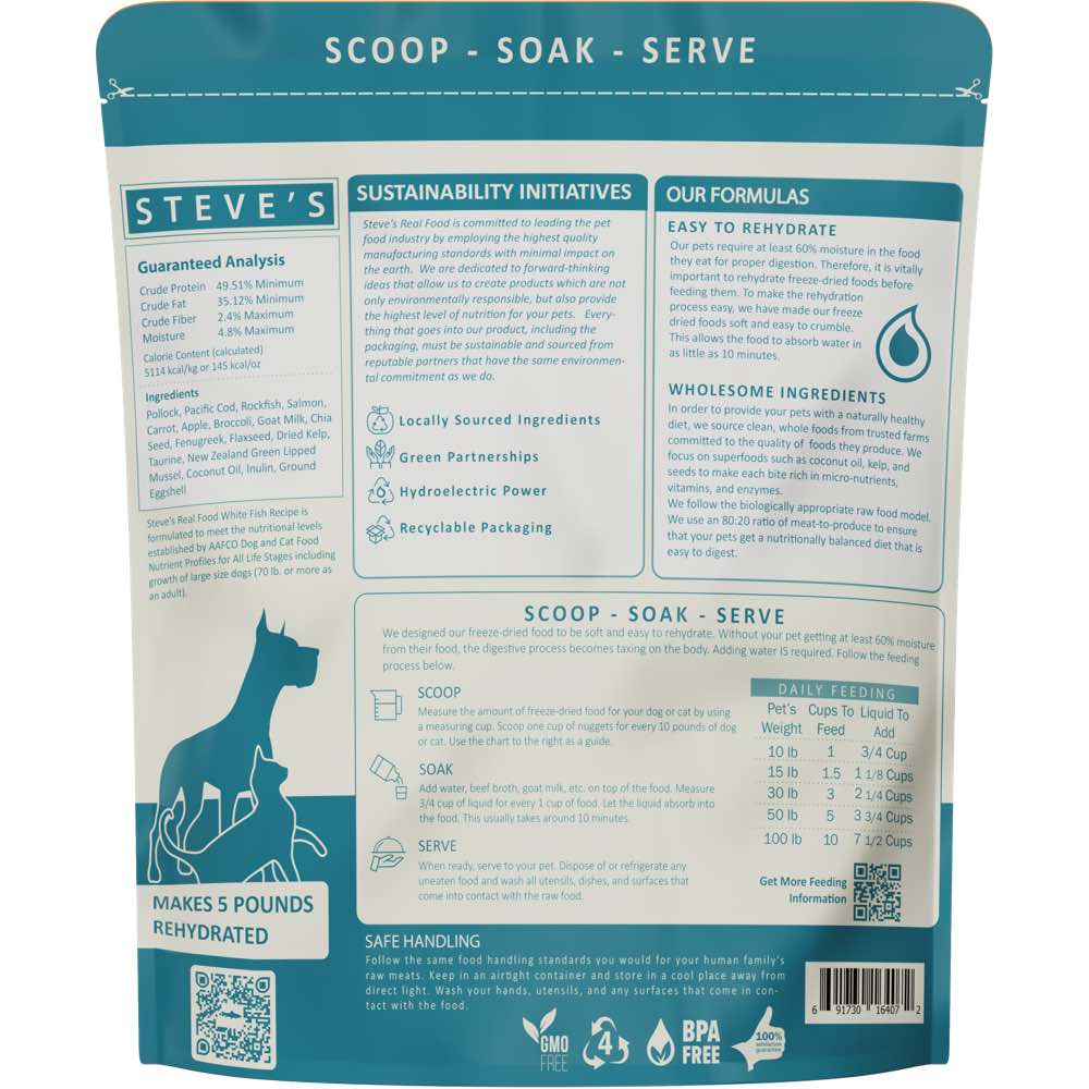 'BUNDLE DEAL+FREE FD TREATS': Steve's Real Food White Fish Grain-Free Freeze-Dried Raw Food For Cats & Dogs 20oz