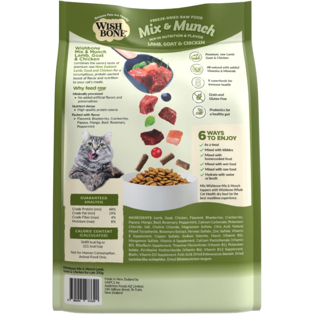 "Wishbone Mix & Munch Lamb, Goat & Chicken Grain-Free Freeze-Dried Raw Food Cat Food Topper 350g"